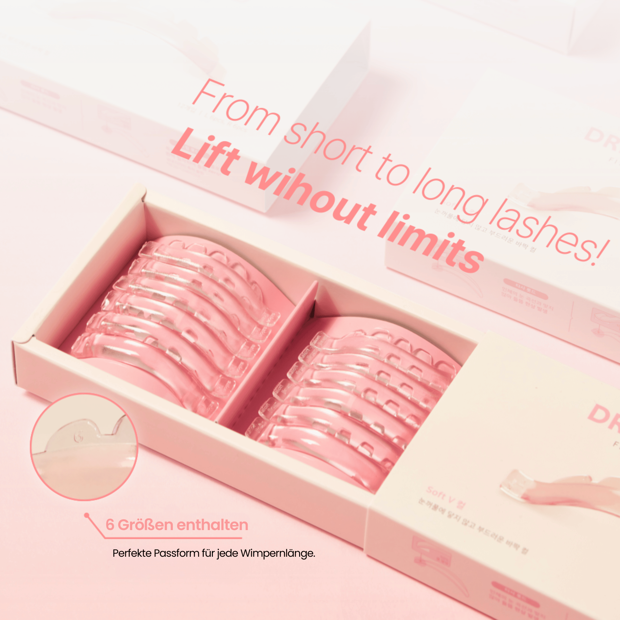 Salon Jieun Dream Rod – Set mit 6 Größen für jede Wimpernlänge, transparent-rosa Silikonpads in Box